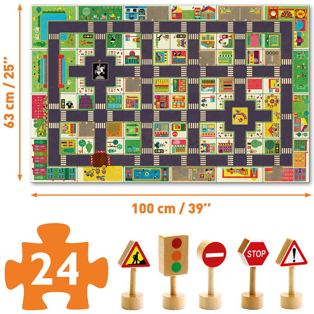 Infographic van de Djeco vloerpuzzel 'De Grote Stad' met de afmetingen van de complete puzzel, het aantal puzzelstukken en de vijf bijbehorende houten verkeersborden.
