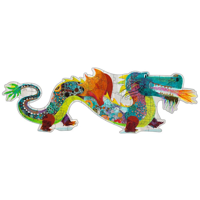 Djeco vloerpuzzel van een kleurrijke draak met abstracte patronen.