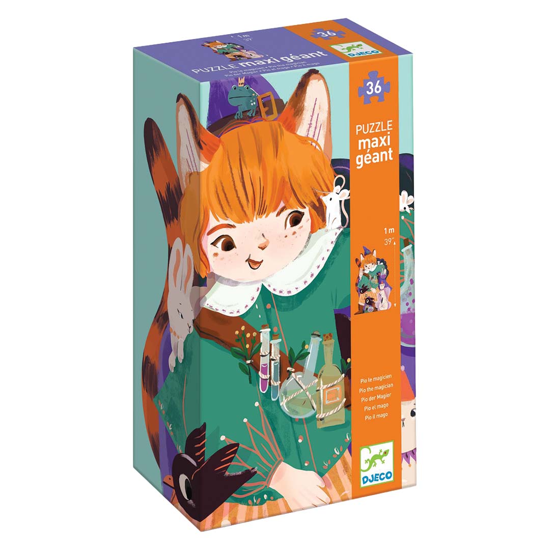 Djeco vloerpuzzel Pio de Magiër verpakking met illustratie van een kind met vossenoren en dieren.