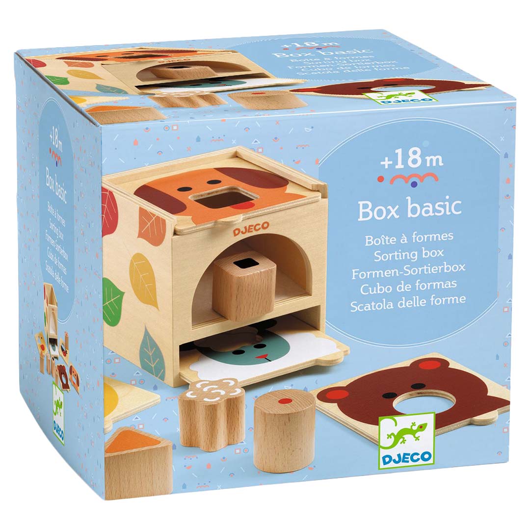 Djeco vormendoos boxbasic verpakking met afbeelding van de houten vormensorteerder met dieren en bladeren.