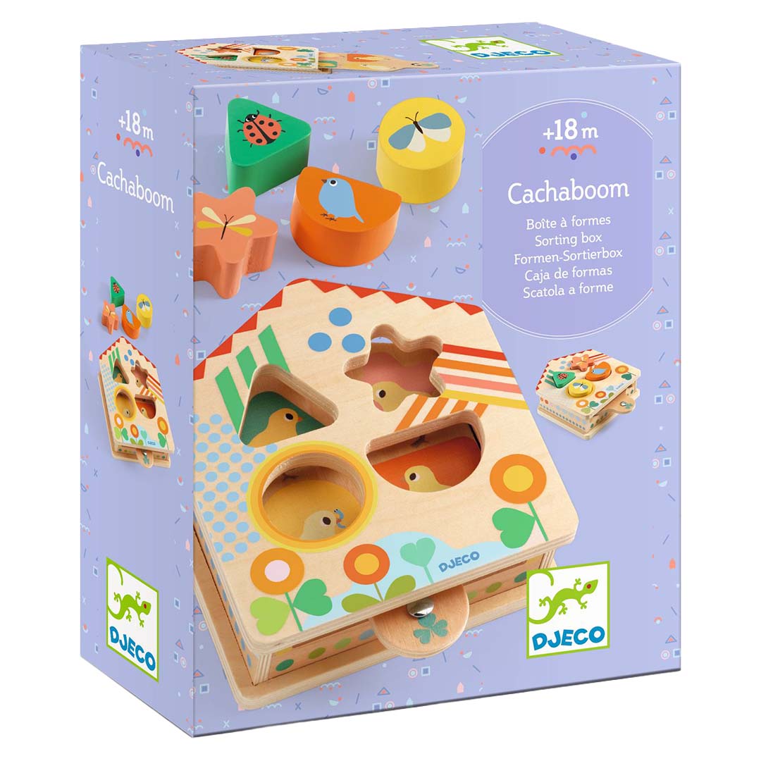 Verpakking van de Djeco Cachaboom houten vormendoos met dieren- en bloemenpatronen.