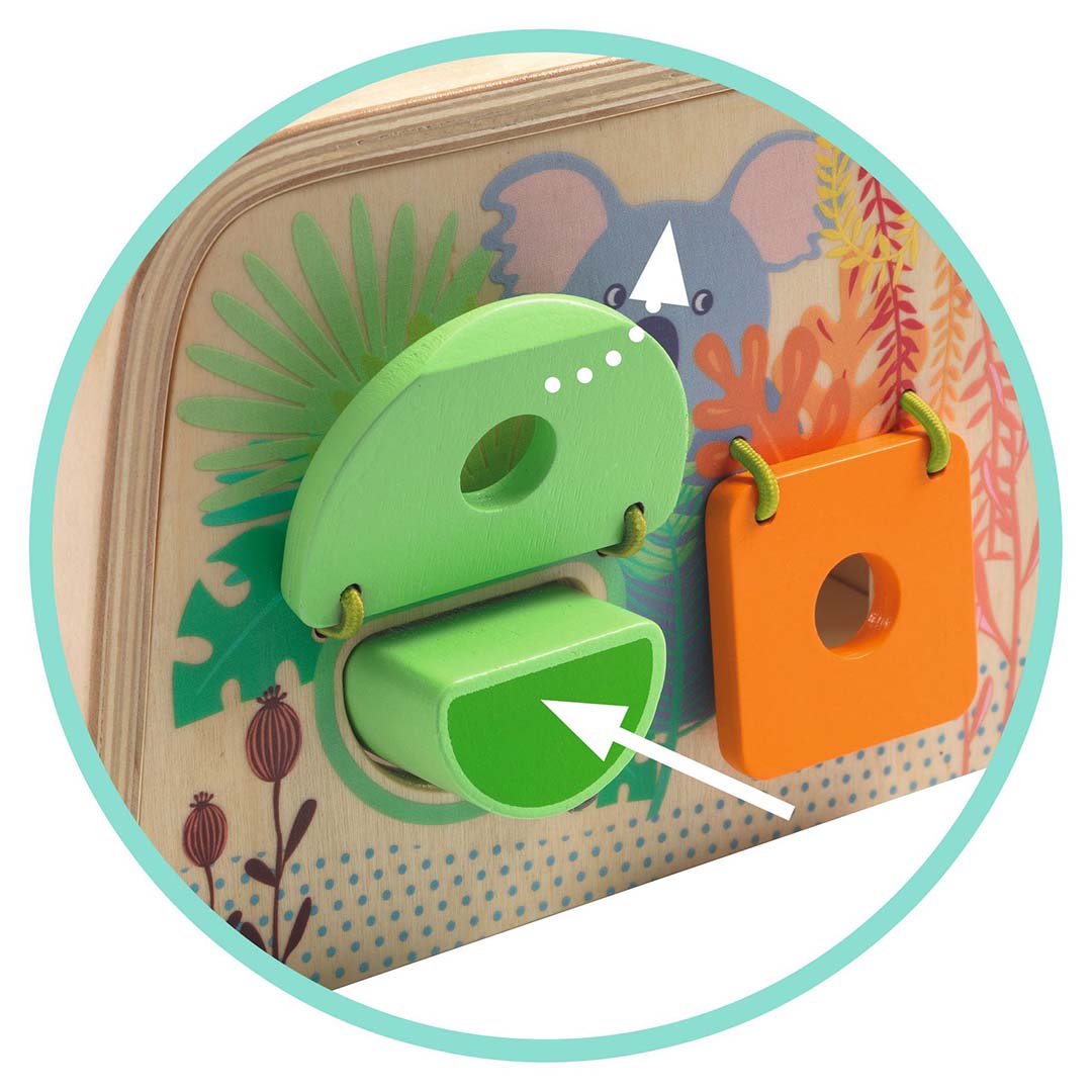 Detail van de Djeco houten vormendoos met koala- en jungleprint, waarbij een groene halve cirkel wordt ingevoegd.