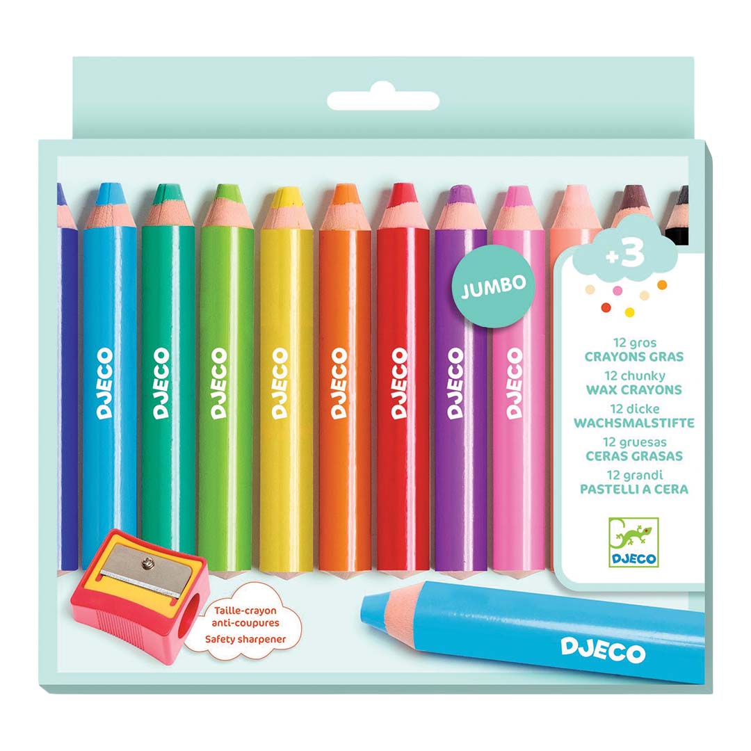 Verpakking van Djeco chunky waskrijtjes in twaalf verschillende kleuren, inclusief puntenslijper.