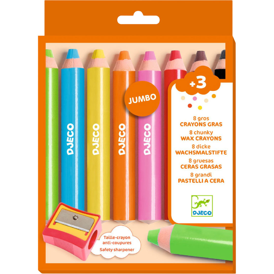 Djeco verpakking met 8 chunky waskrijtjes in diverse kleuren en een veiligheidsslijper, geschikt voor kinderen vanaf 3 jaar.