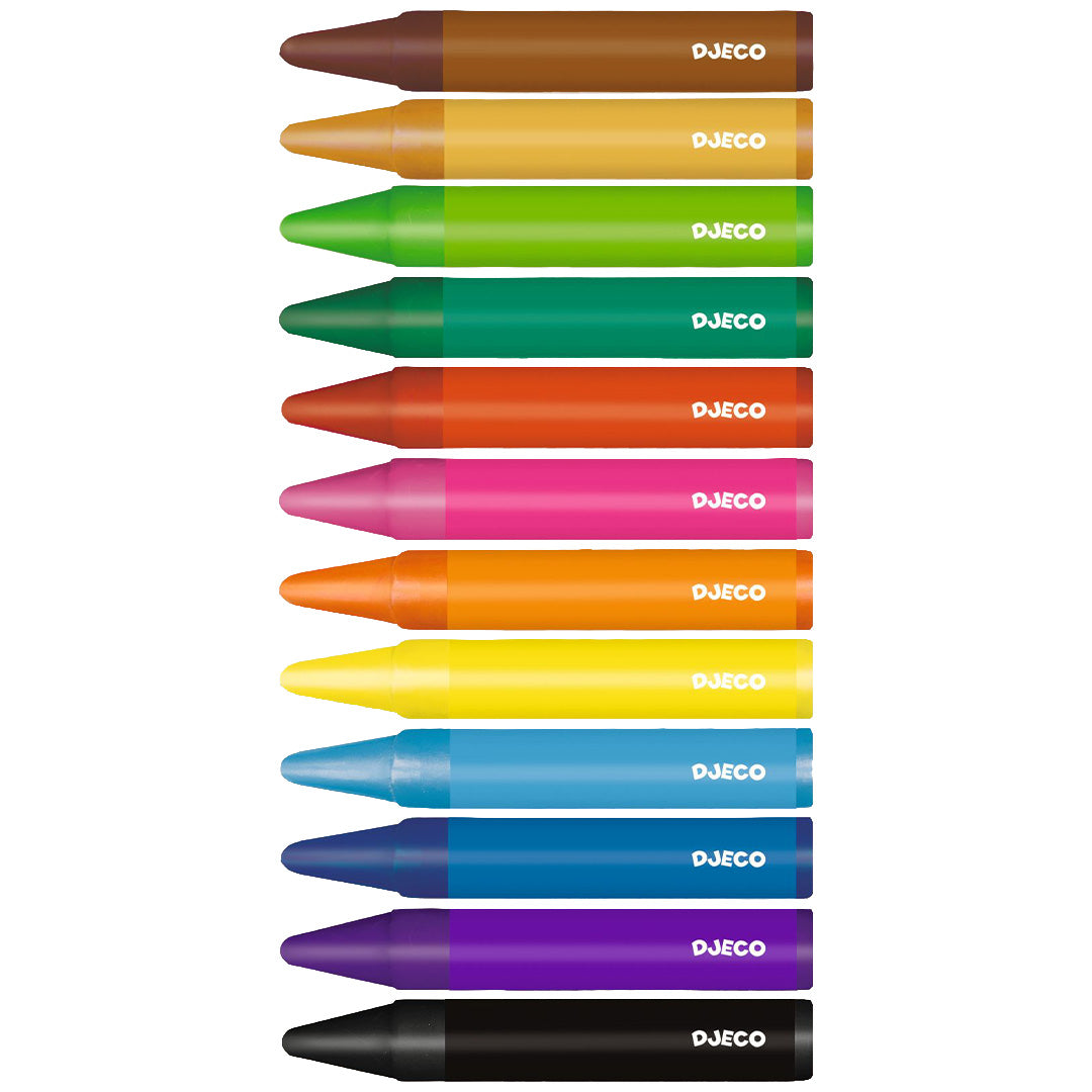 Twaalf losse Djeco jumbo waskrijtjes in verschillende kleuren, verticaal gerangschikt.