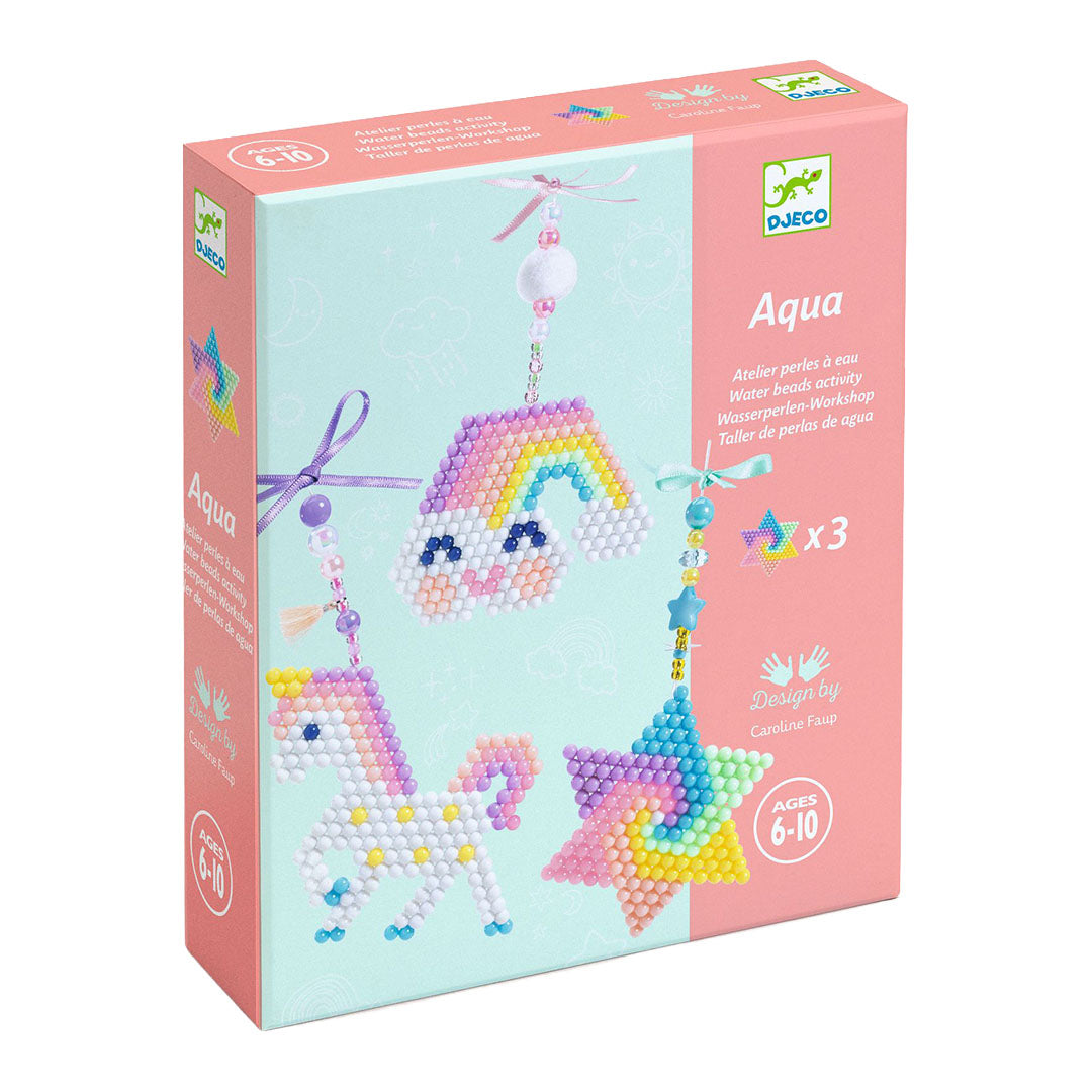 Djeco waterkralen set verpakking met afbeeldingen van een regenboog, eenhoorn en ster.