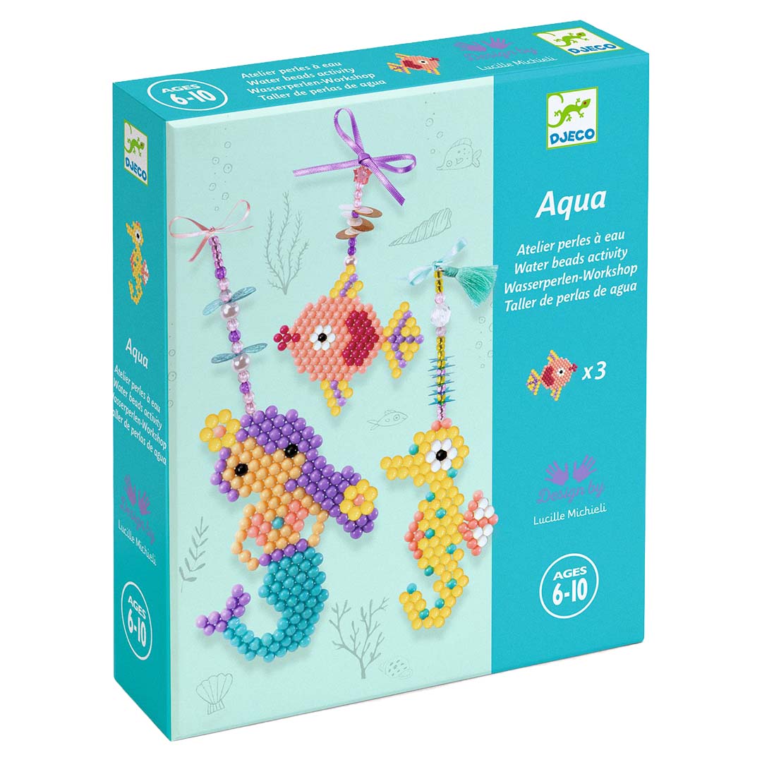 Verpakking van de Djeco waterkralen set voor het maken van zeeleven bedeltjes.