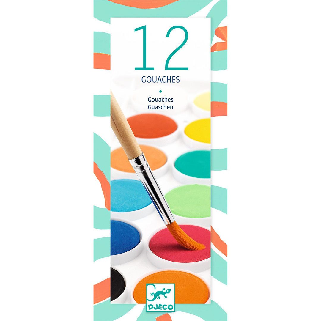 Djeco verpakking van een waterverfset met 12 gouache kleuren en een kwast.