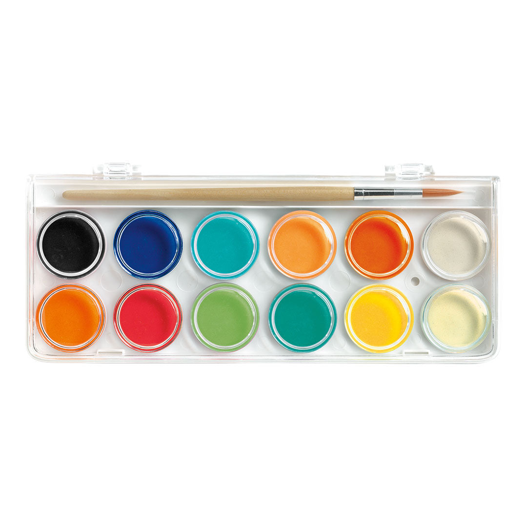 Een open waterverfset met 12 ronde kleuren verf en een kwast in een transparante plastic doos.