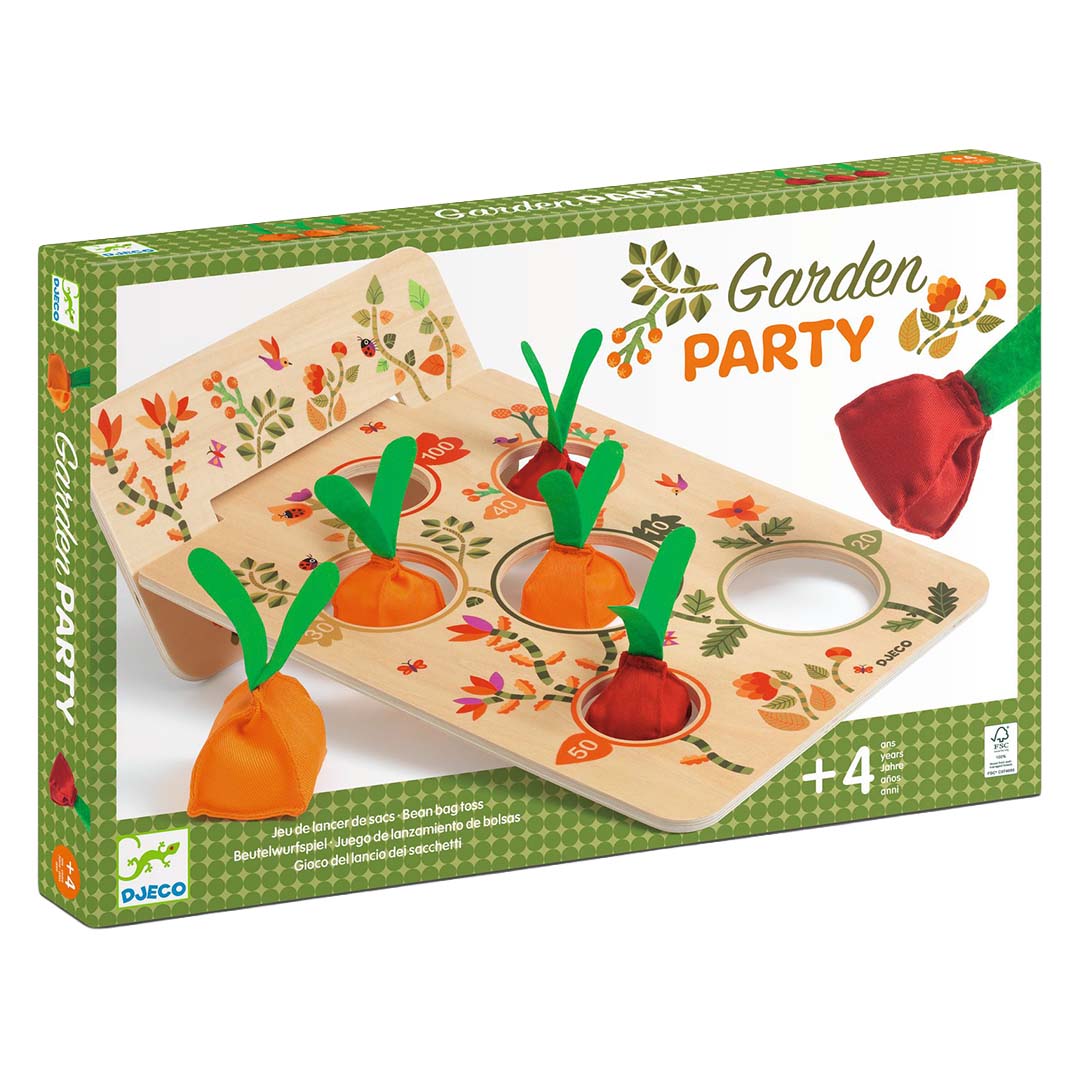 Djeco Garden Party behendigheidsspel in de verpakking, met een houten bord en stoffen groenten.