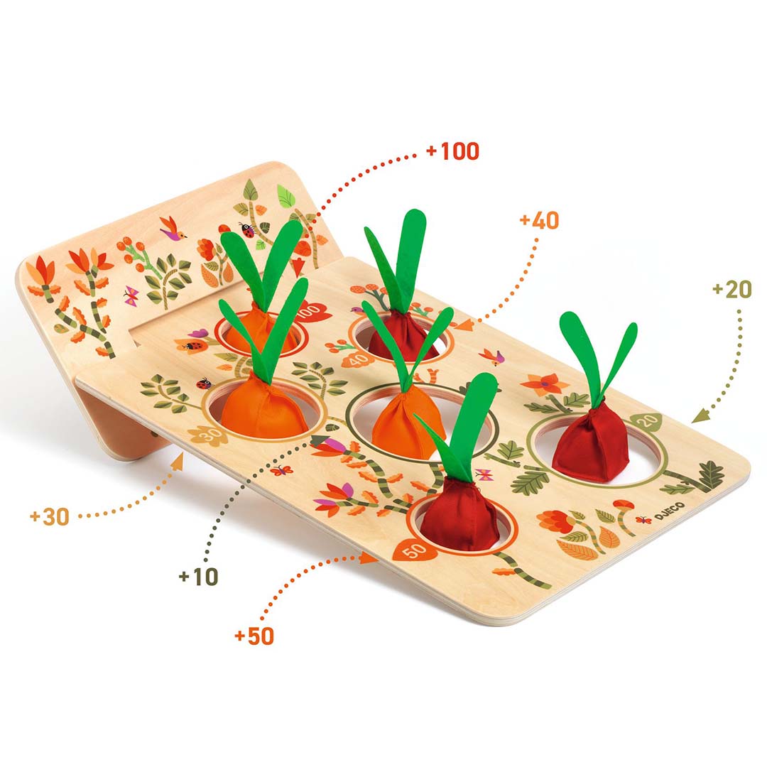 Djeco Garden Party behendigheidsspel met houten bord en stoffen groenten, inclusief score-indicaties.