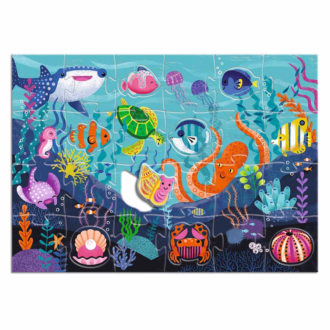 Djeco XL legpuzzel met een complete afbeelding van kleurrijke oceaan dieren.