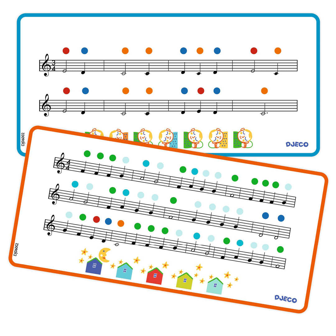 Twee witte muziekkaarten met gekleurde stippen boven de notenbalken, de bovenste met een blauwe rand en de onderste met een oranje rand.