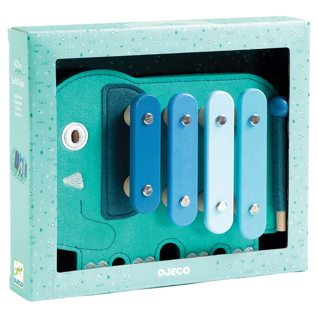 De Djeco SoftiXylo olifant xylofoon in de originele productverpakking.