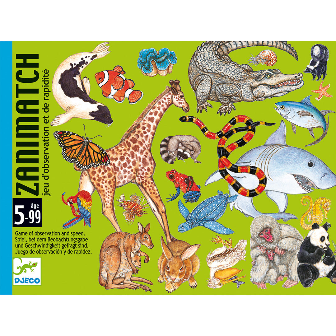 Vooraanzicht van de groene verpakking van het Djeco Zanimatch behendigheidsspel met diverse dierenillustraties.