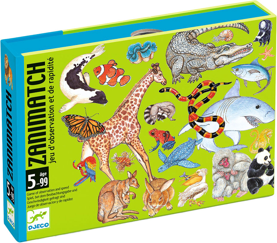 Schuine weergave van de groene verpakking van het Djeco Zanimatch behendigheidsspel met diverse dierenillustraties.