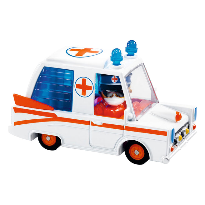 Djeco speelgoed ziekenwagen met een bestuurder met mondkapje.