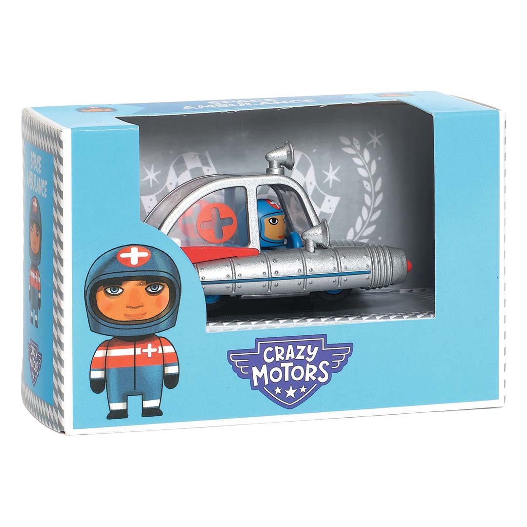 Djeco speelgoed space ambulance in de blauwe en witte verpakking.