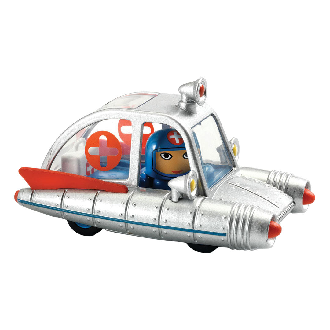 Djeco speelgoed space ambulance in zilver met een figuur in een blauwe helm.