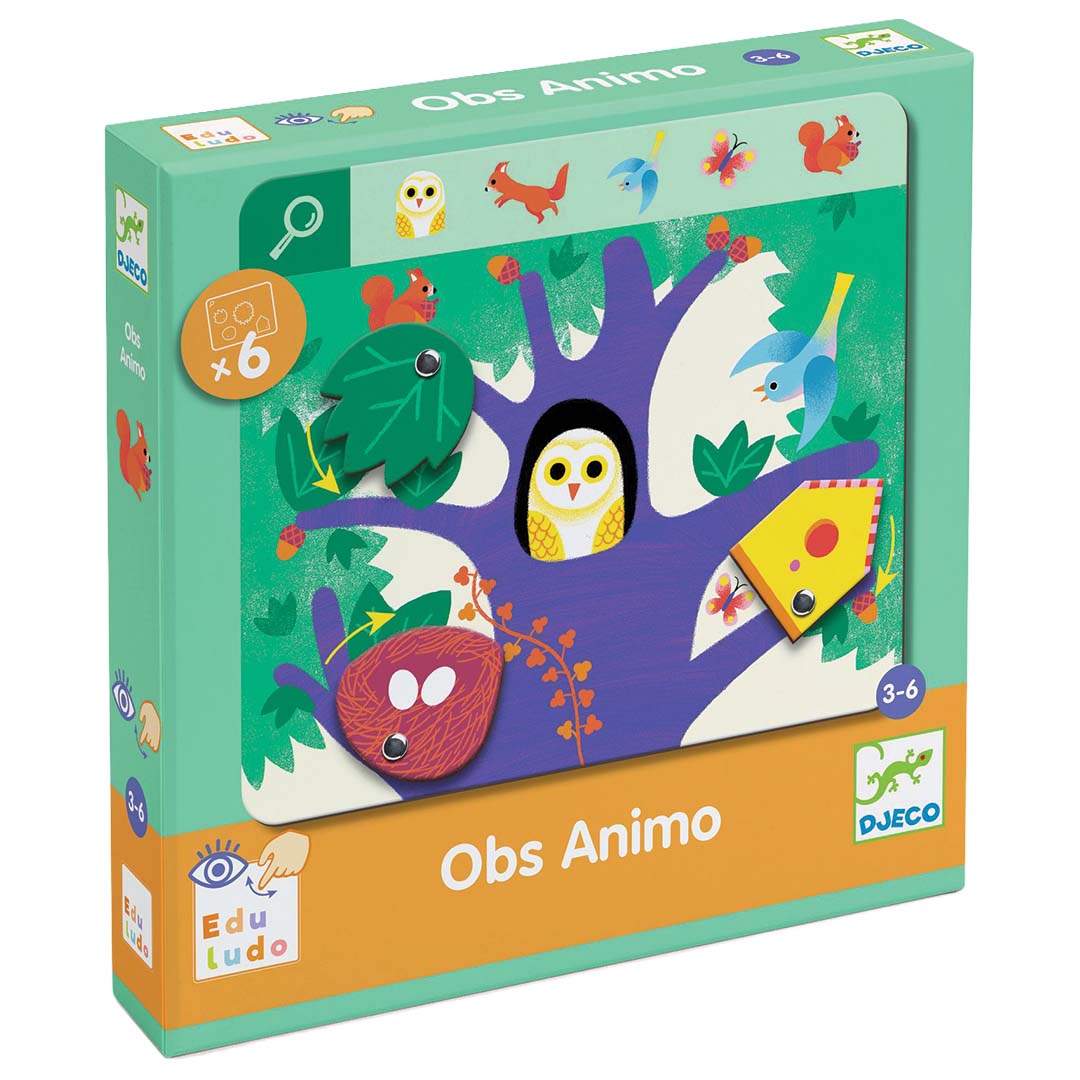 Djeco zoekspel Obs Animo verpakking met een illustratie van een boom met een uil, vogel en eekhoorn.