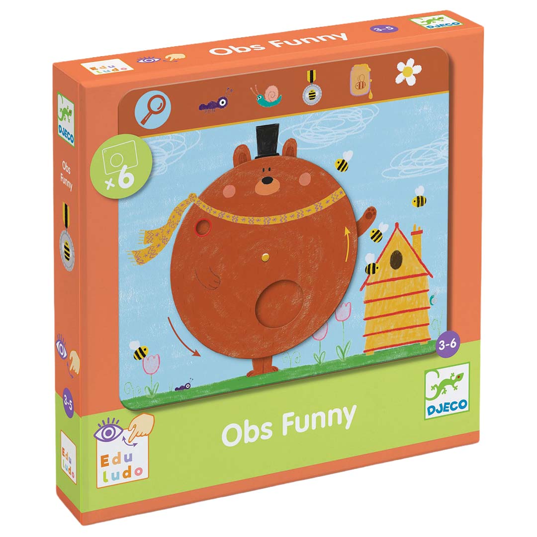 Verpakking van het Djeco Obs Funny educatieve zoekspel met een illustratie van een beer en bijen.