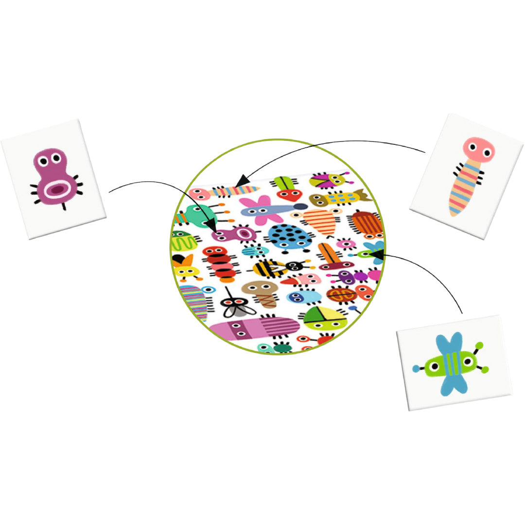 Een infographic van het zoekspel met een vergrote sectie van het speelbord en drie zoekkaarten met insecten.