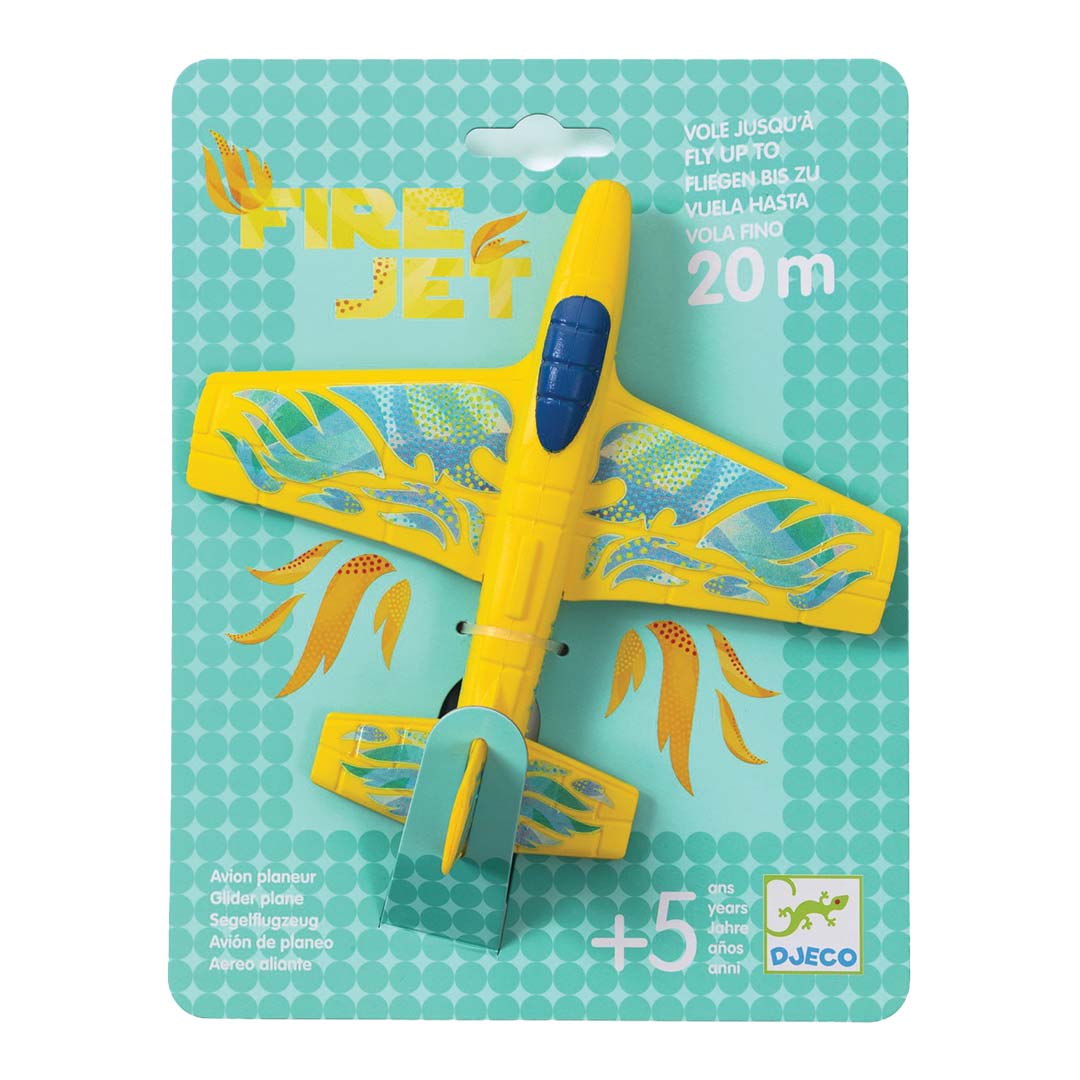 Djeco zweefvliegtuig Fire Jet in gele kleur op de verpakking.