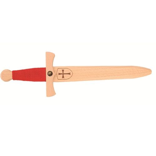 Vah houten tempelridder speelgoeddolk met rood gevest en kruislogo.