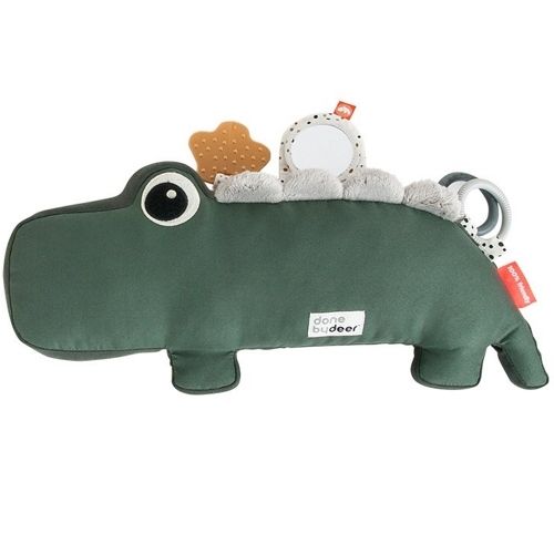 Done by deer groene krokodil activiteitenknuffel met bijtring, spiegeltje en ringen op de rug.