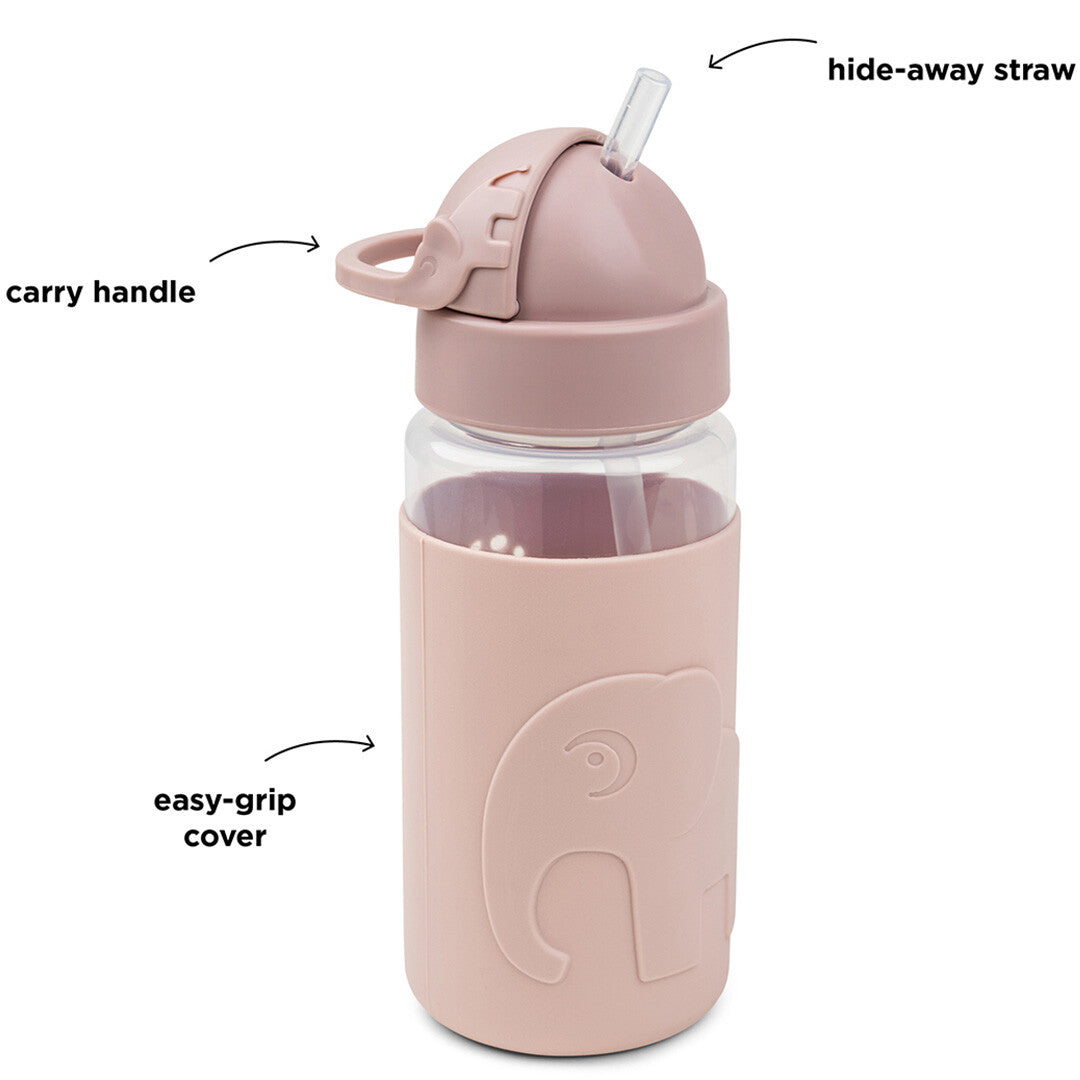 Infographic van de Done by Deer drinkfles voor baby's en peuters met pijlen die de draaglus, het opbergbare rietje en de easy-grip hoes met olifant aanduiden.