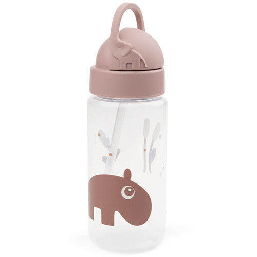 done by deer drinkfles met rietje met een nijlpaard en een olifantje op de roze dop.