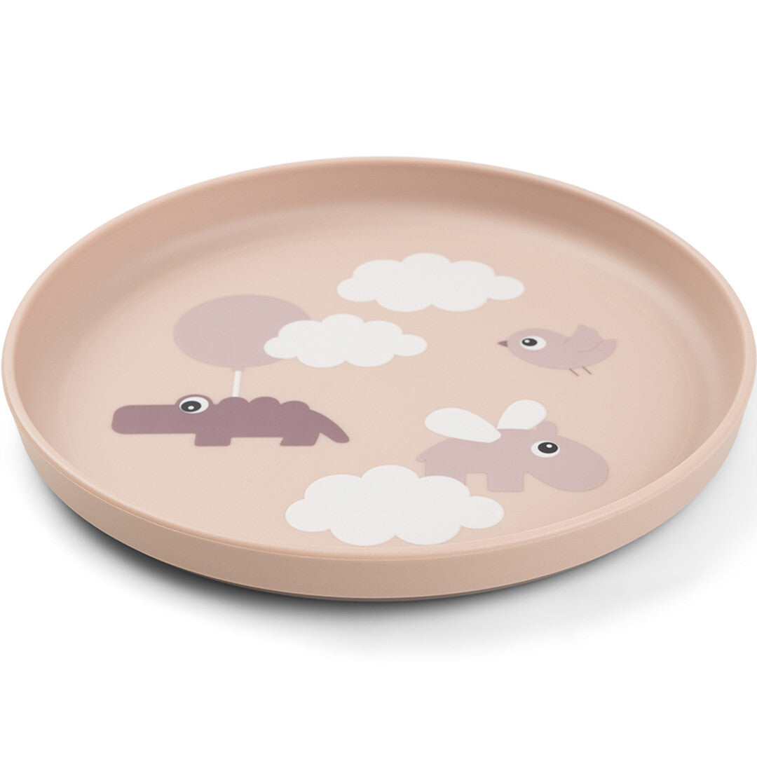 Done by deer kinderbord in poederroze met 'happy clouds' thema en dierenfiguren.
