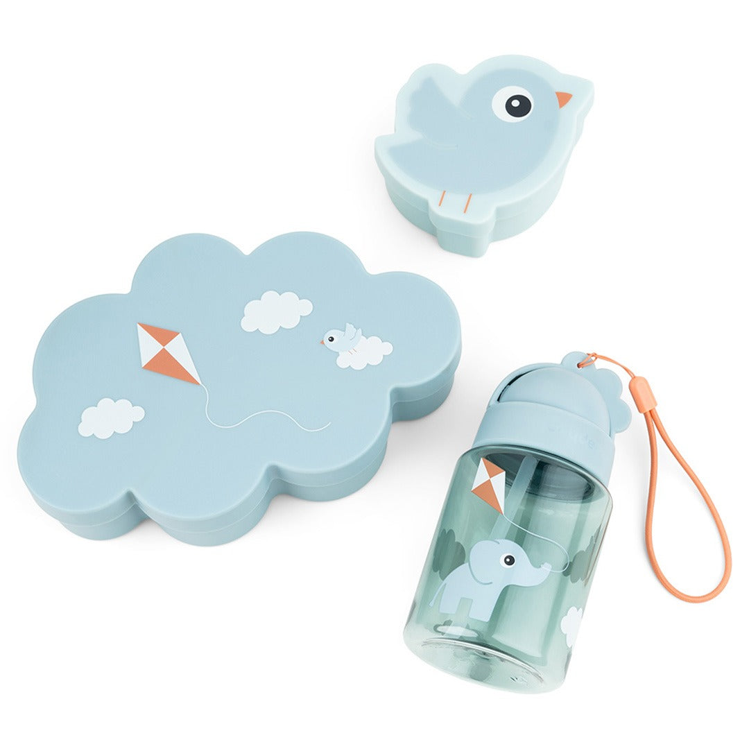 Done by Deer kinder lunchset met een wolk-broodtrommel, vogel-snackdoos en drinkfles met olifant.
