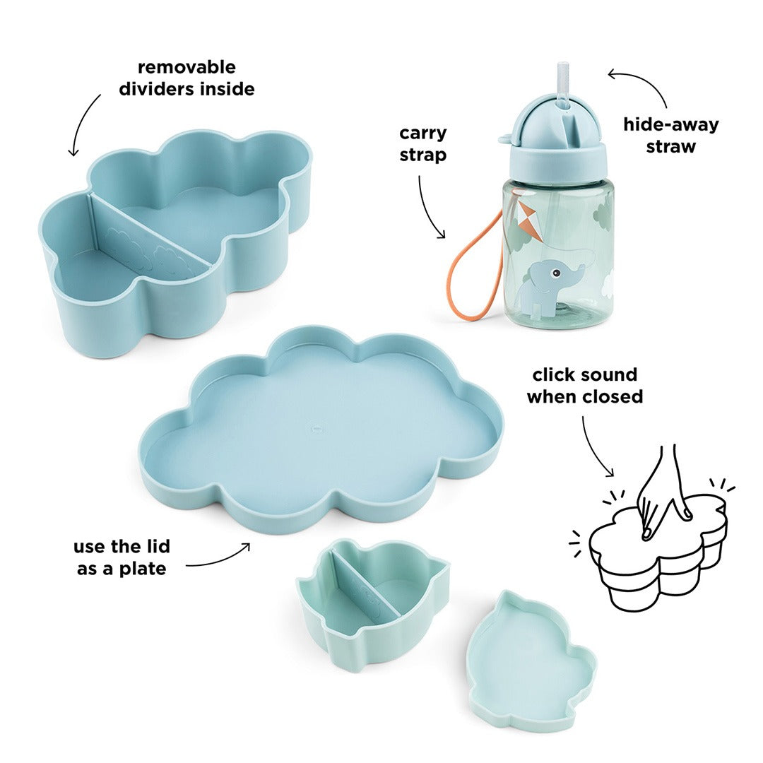 Infographic van de Done by Deer kinder lunchset met uitleg over de onderdelen en functies.