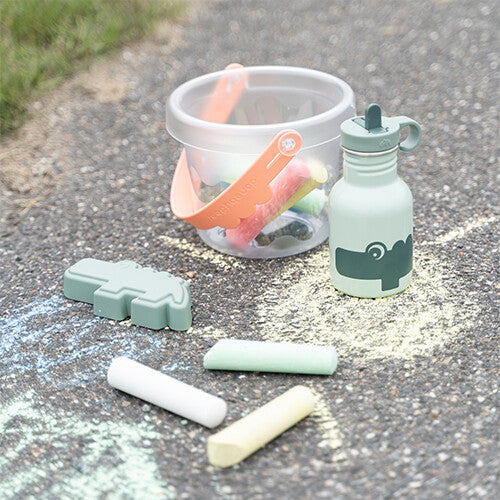 done by deer RVS drinkfles met krokodil, een emmer, zandvorm en stoepkrijt op de grond.