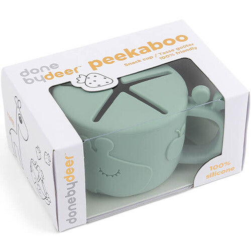 Verpakking van het Done by Deer Peekaboo groene siliconen snackdoosje.