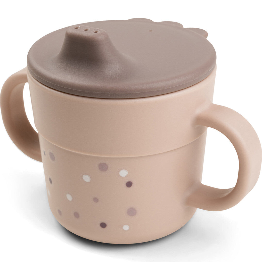 Done by deer roze tuitbeker met happy dots patroon en bruine deksel.