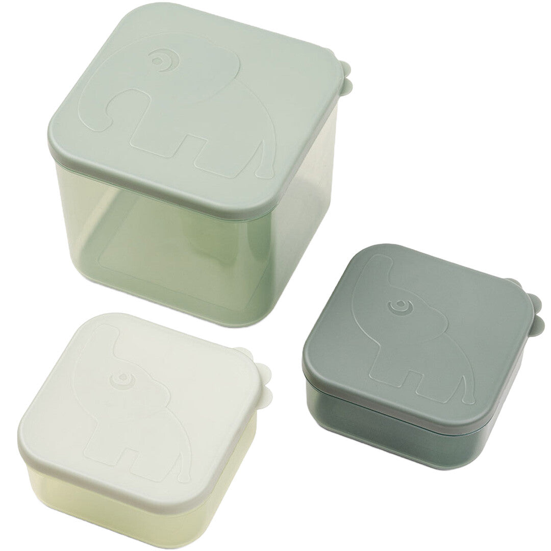 Drie done by deer Elphee vierkante vershoudbakjes in verschillende groene en witte tinten met olifantenpatroon op de deksels.