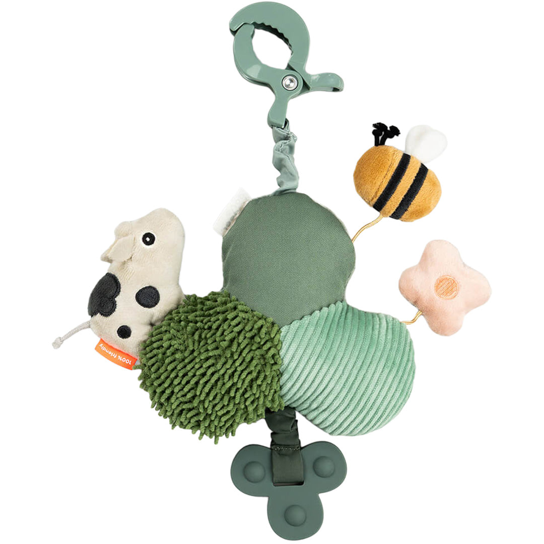 De achterkant van de Done by Deer activiteitenspiegel Tiny Farm met verschillende texturen, een bij, bloem en koe.