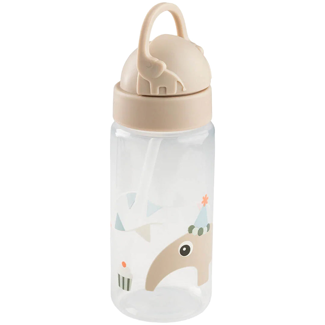 Done by deer drinkfles met rietje voor baby's en peuters, met een beige deksel en een illustratie van een olifant met feesthoed.