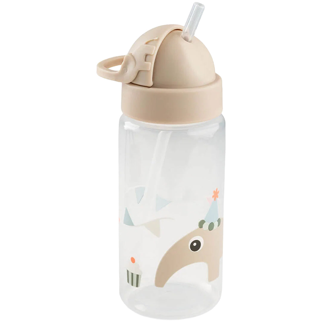 Done by deer drinkfles met rietje voor baby's en peuters, met open beige deksel en een illustratie van een olifant met feesthoed.