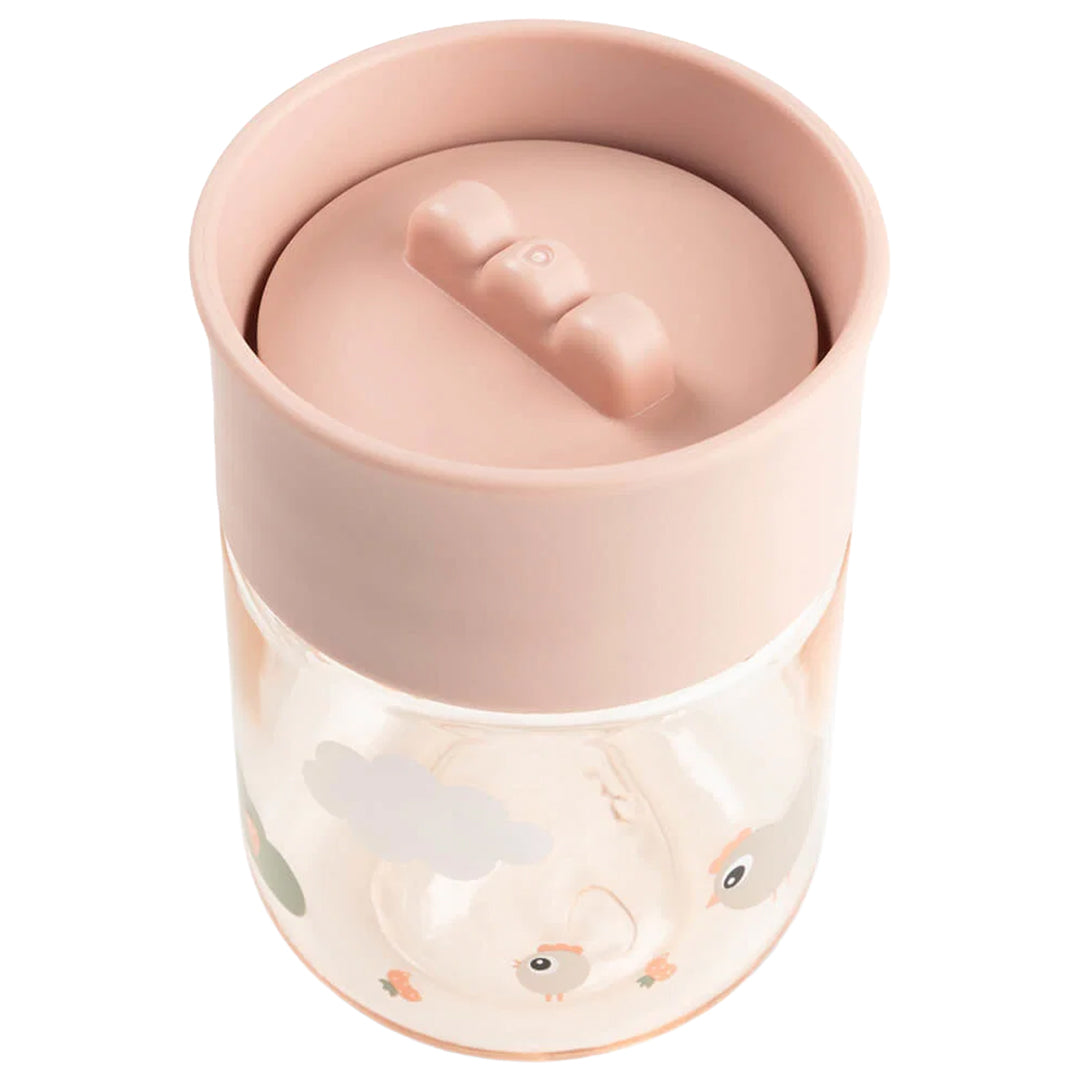Bovenaanzicht van de Done by Deer kinderbeker met roze 360° drinkdeksel.