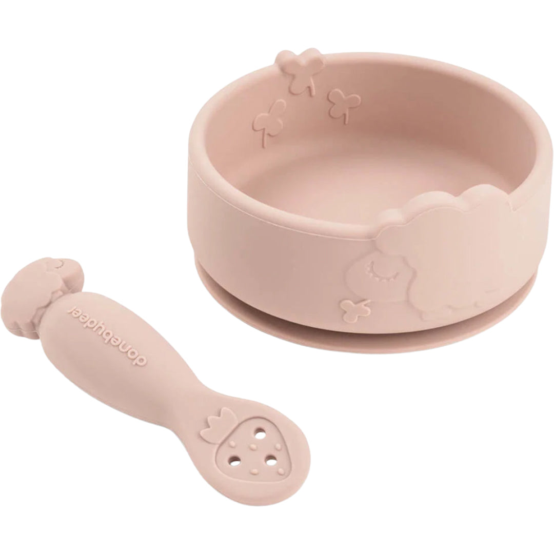 Done by Deer roze siliconen kinderservies met zuignapkom en lepel met schapenmotief.