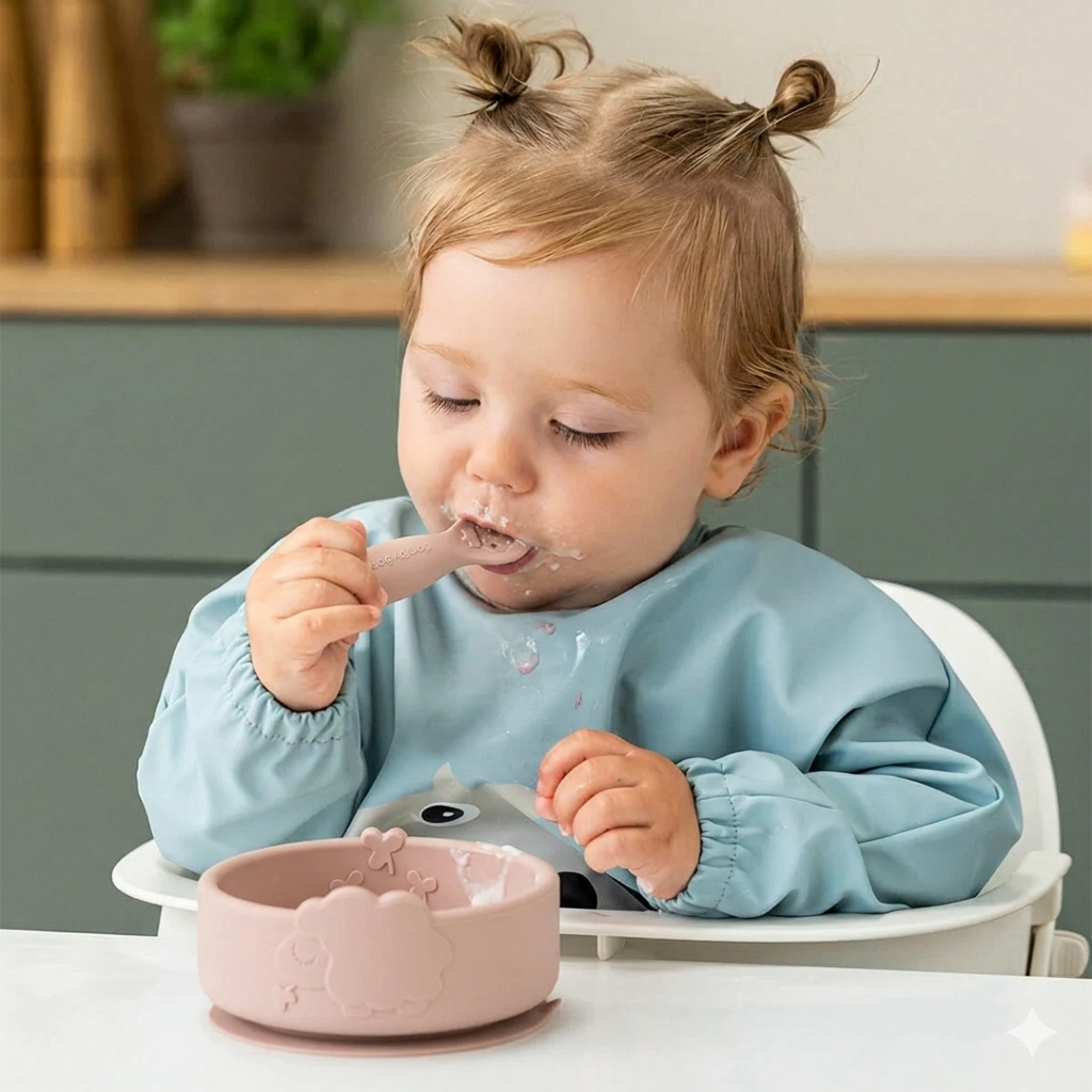 Een baby eet met een roze Done by Deer siliconen kom en lepel in een kinderstoel.