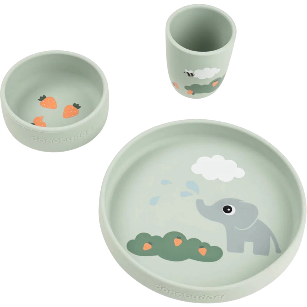 Done by Deer groen kinderservies met olifantenthema, bestaande uit een bord, kom en beker.