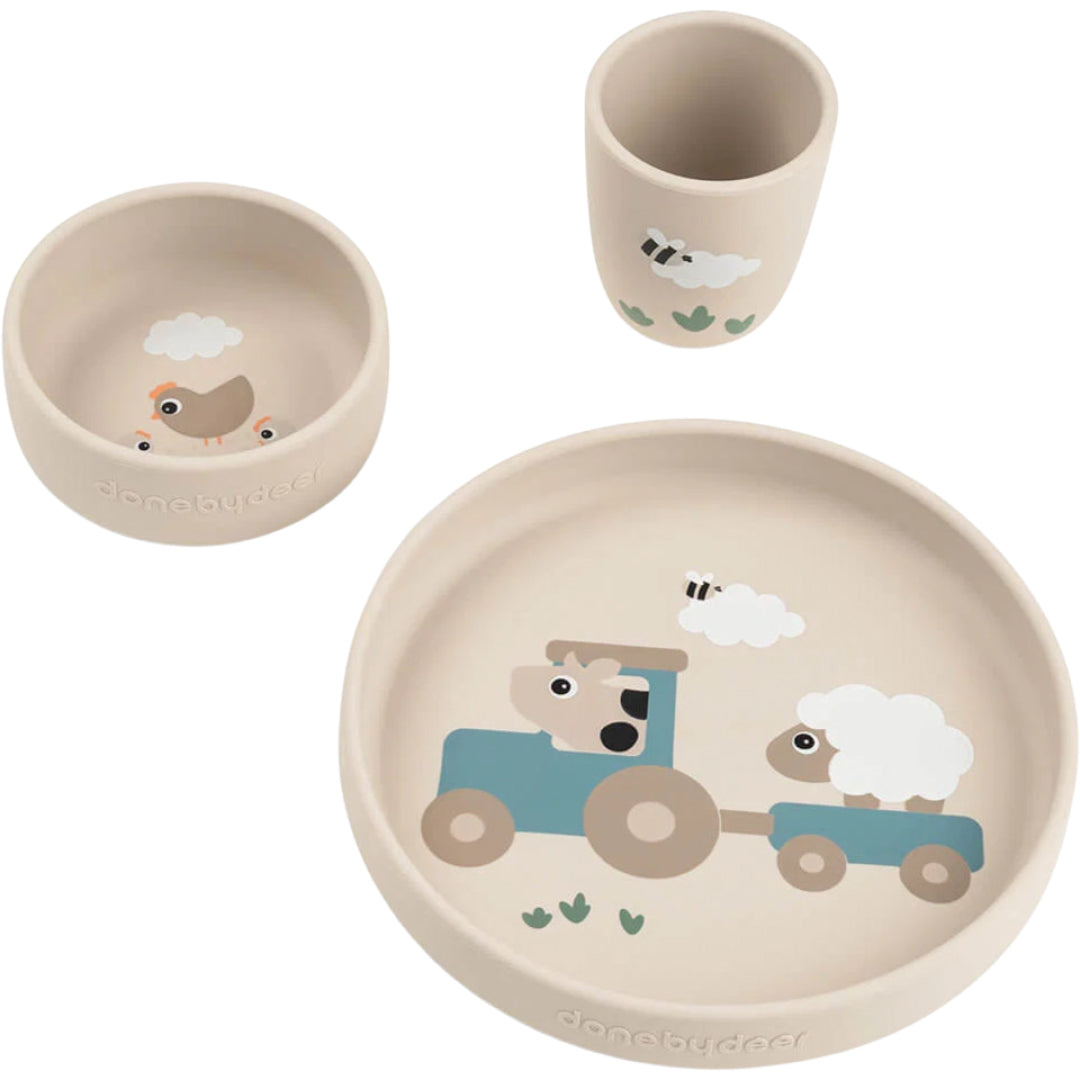 Done by deer 3-delig kinderservies van siliconen met boerderijthema, bestaande uit een bord, kom en beker.