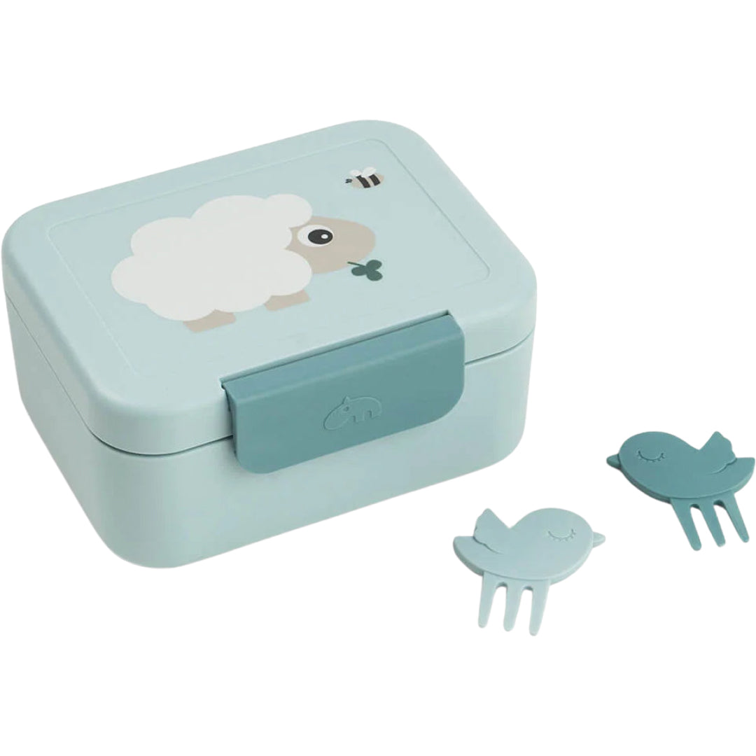 Done by Deer kinder lunchbox met schaap en twee vogel snackprikkers.