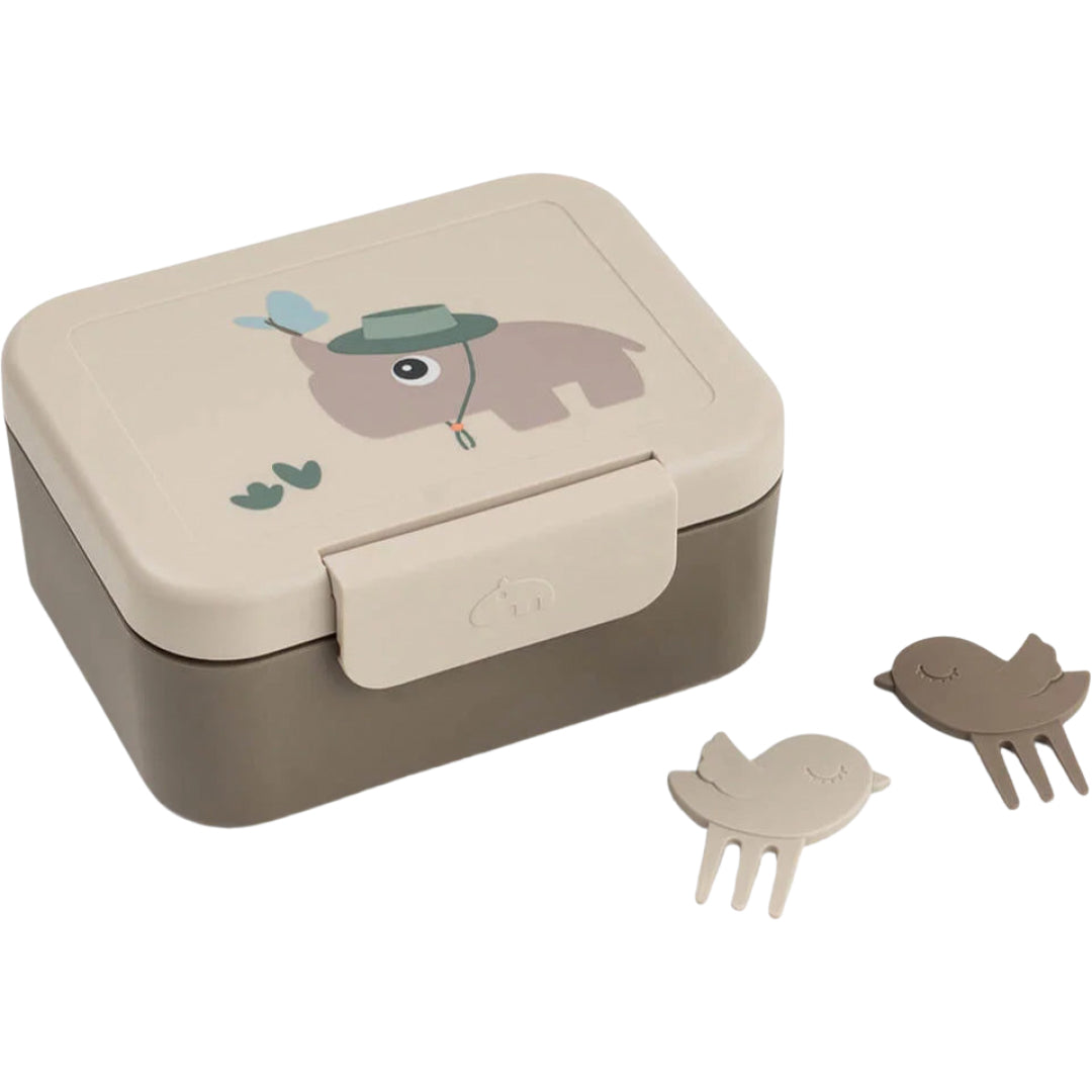 Done by Deer kinder lunchbox met olifant op de deksel en twee vogel snackprikkers ernaast.