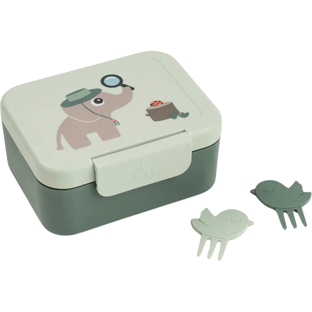 Done by Deer kinder lunchbox met olifant en lieveheersbeestje, naast twee groene vogel snackprikkers.
