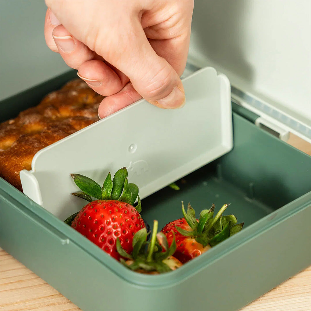 Een hand plaatst het tussenschot in de Done by Deer kinder lunchbox gevuld met aardbeien en brood.